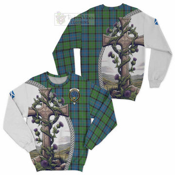 Tartan Vibes Clothing Stirling Tartan Sweatshirt with Family Crest and St. Andrew's Cross Accented by Thistle Vines