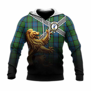 Tartan Vibes Clothing Stirling Crest Tartan Knitted Hoodie with Golden Lion Emblem Celtic Style