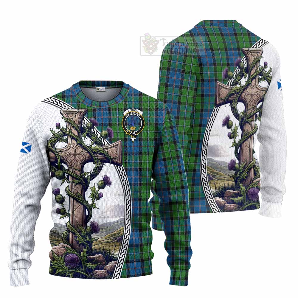 Tartan Vibes Clothing Stirling Tartan Knitted Sweater with Family Crest and St. Andrew's Cross Accented by Thistle Vines