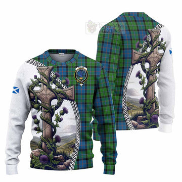 Tartan Vibes Clothing Stirling Tartan Knitted Sweater with Family Crest and St. Andrew's Cross Accented by Thistle Vines