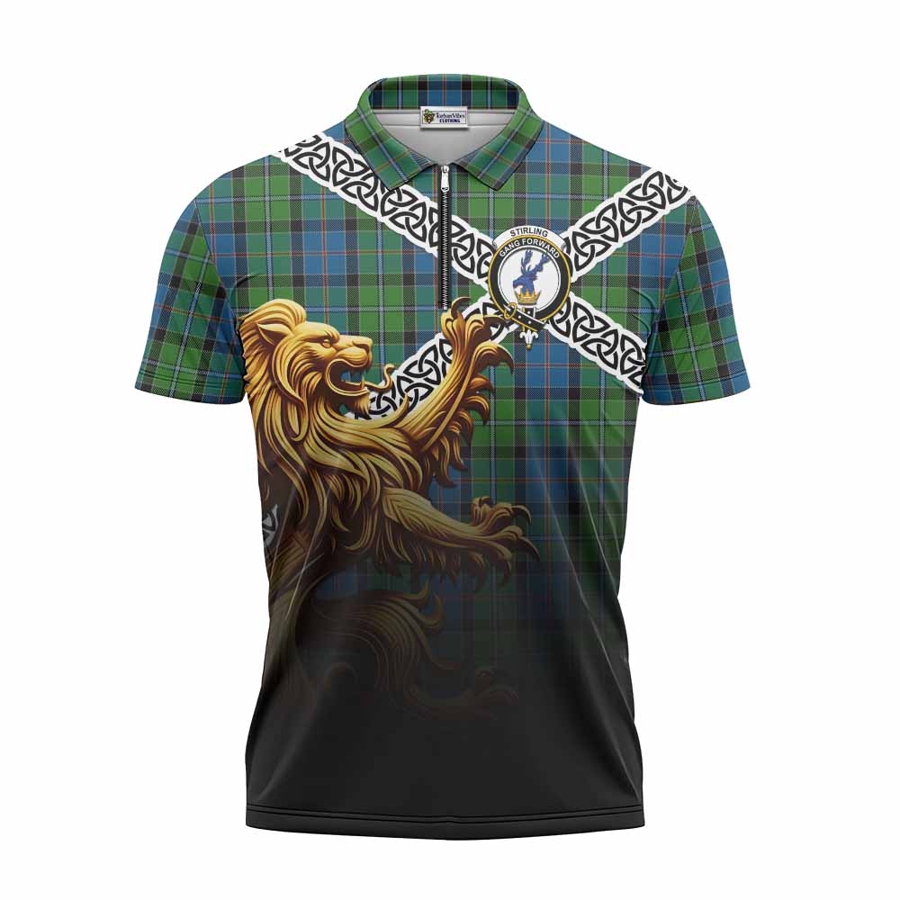 Tartan Vibes Clothing Stirling Crest Tartan Zipper Polo Shirt with Golden Lion Emblem Celtic Style