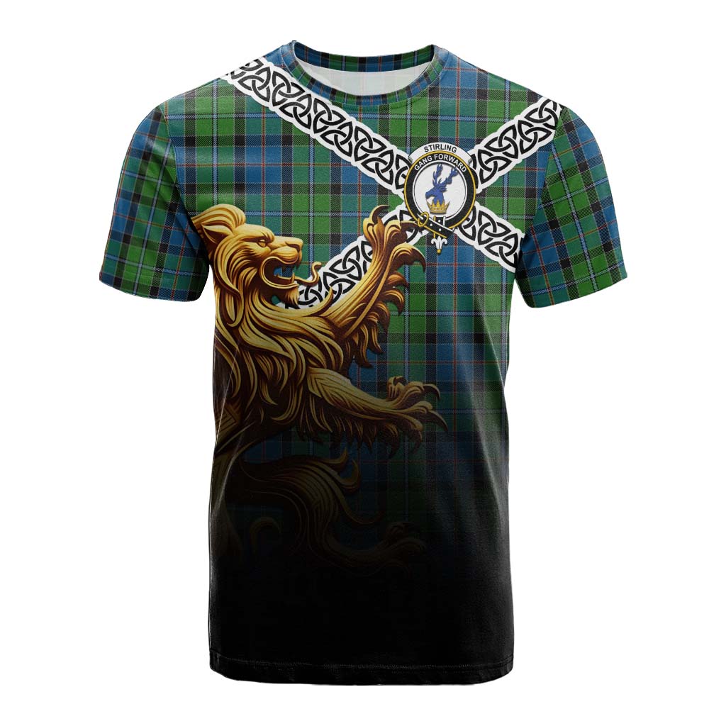 Tartan Vibes Clothing Stirling Crest Tartan Cotton T-shirt with Golden Lion Emblem Celtic Style
