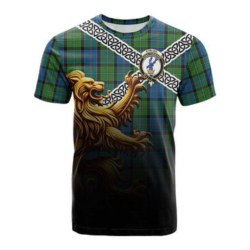 Tartan Vibes Clothing Stirling Crest Tartan Cotton T-shirt with Golden Lion Emblem Celtic Style