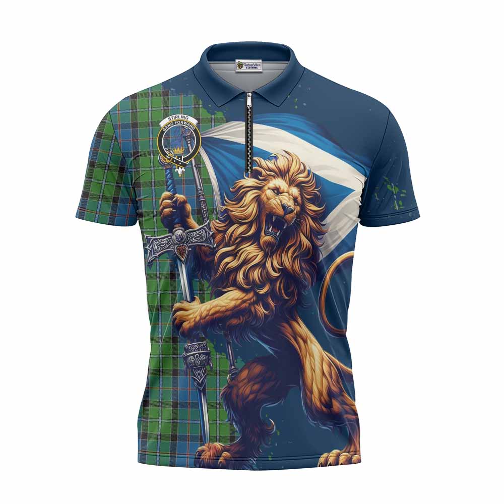 Tartan Vibes Clothing Stirling Tartan Family Crest Zipper Polo Shirt with Scottish Majestic Lion