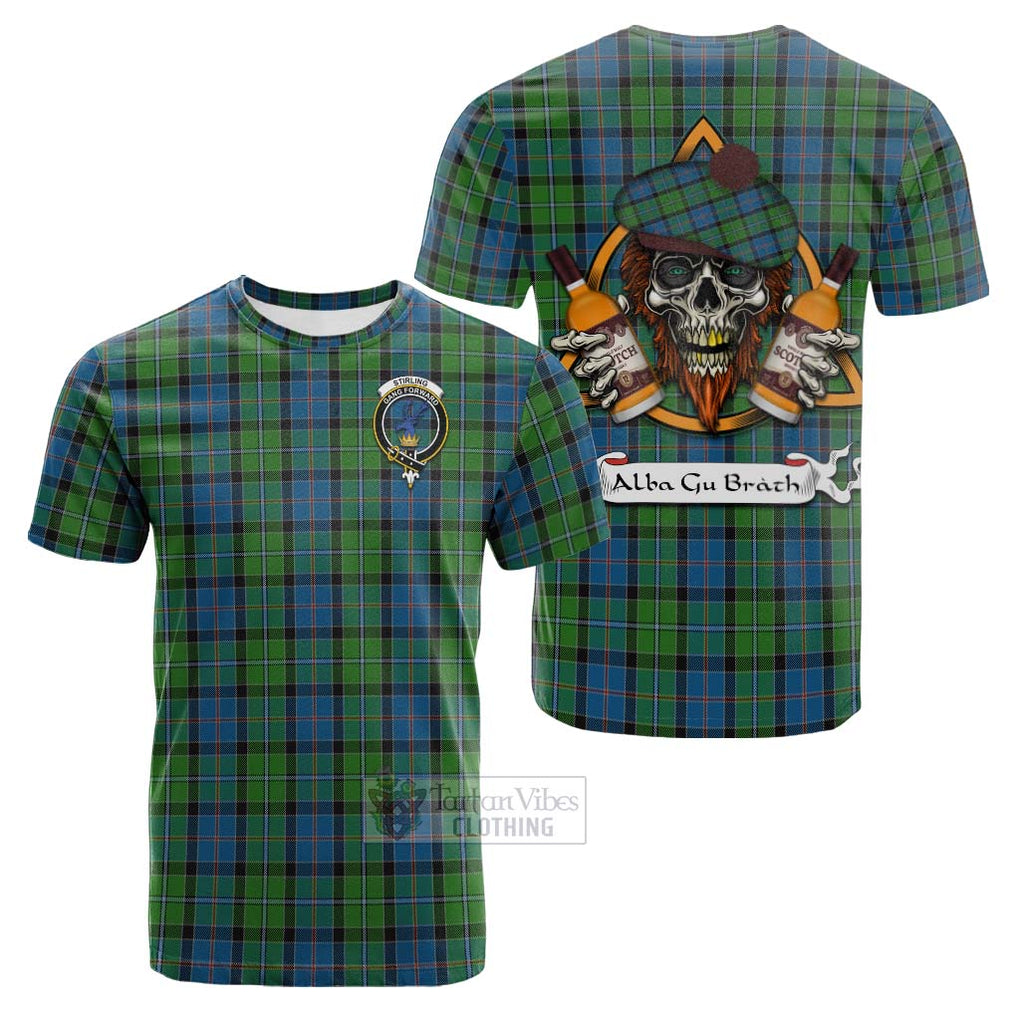 Tartan Vibes Clothing Stirling Tartan Cotton T-shirt with Family Crest and Bearded Skull Holding Bottles of Whiskey