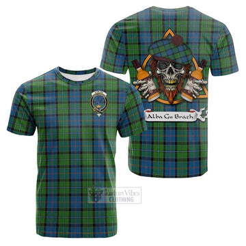 Tartan Vibes Clothing Stirling Tartan Cotton T-shirt with Family Crest and Bearded Skull Holding Bottles of Whiskey