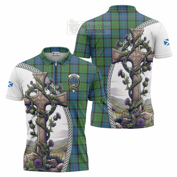Tartan Vibes Clothing Stirling Tartan Zipper Polo Shirt with Family Crest and St. Andrew's Cross Accented by Thistle Vines