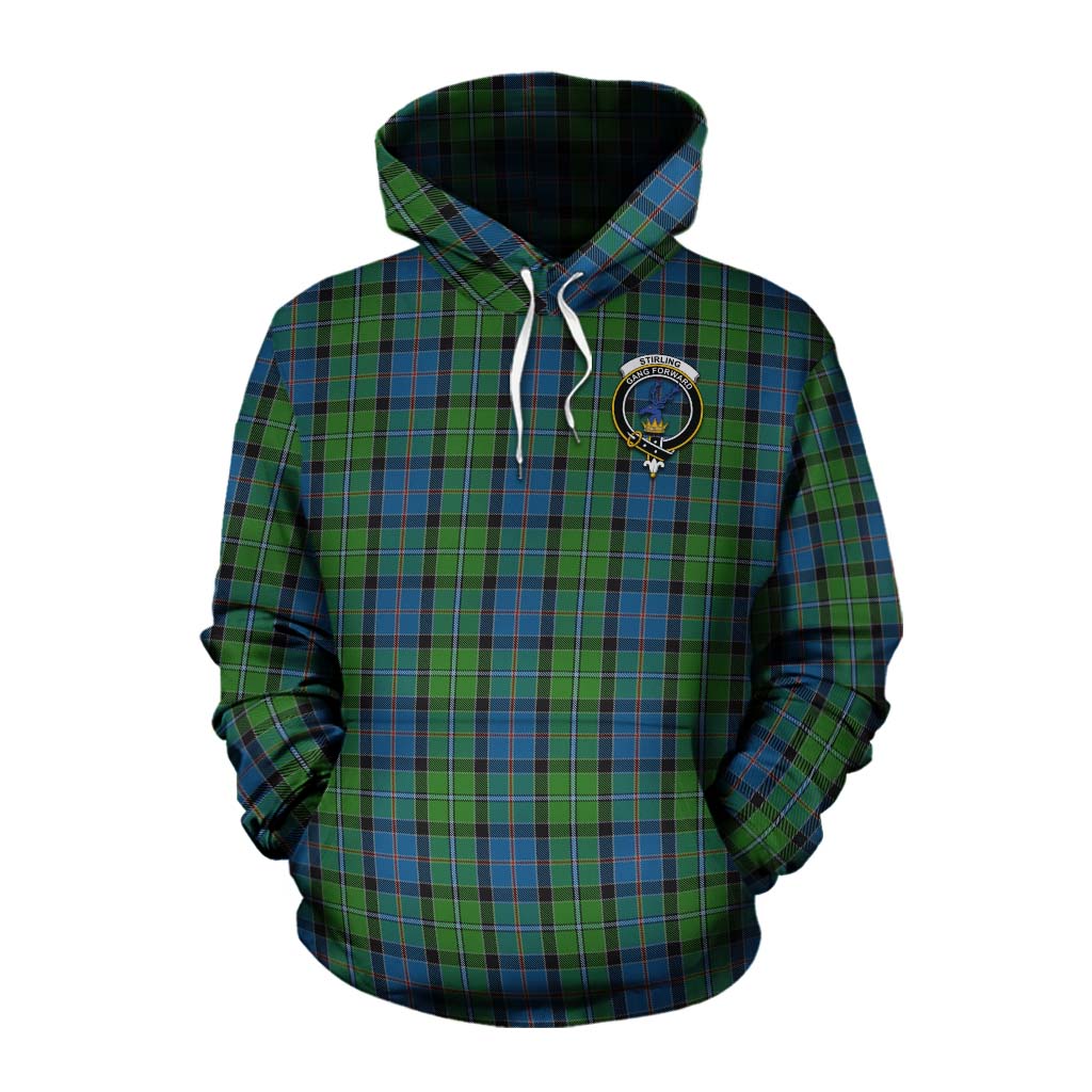 Tartan Vibes Clothing Stirling Tartan Cotton Hoodie with Family Crest and Bearded Skull Holding Bottles of Whiskey
