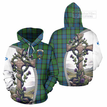 Tartan Vibes Clothing Stirling Tartan Hoodie with Family Crest and St. Andrew's Cross Accented by Thistle Vines