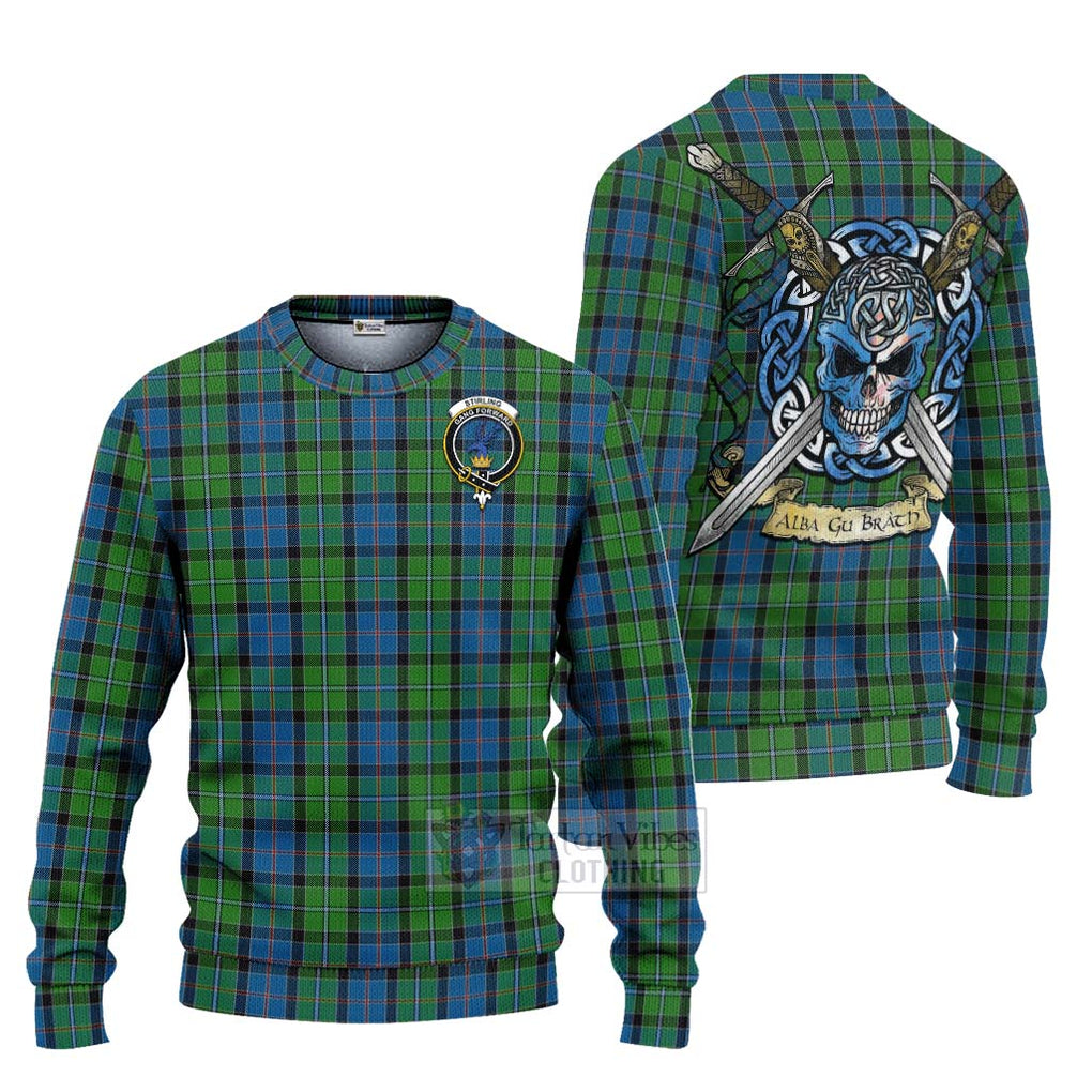 Tartan Vibes Clothing Stirling Tartan Knitted Sweater with Family Crest Celtic Skull Style
