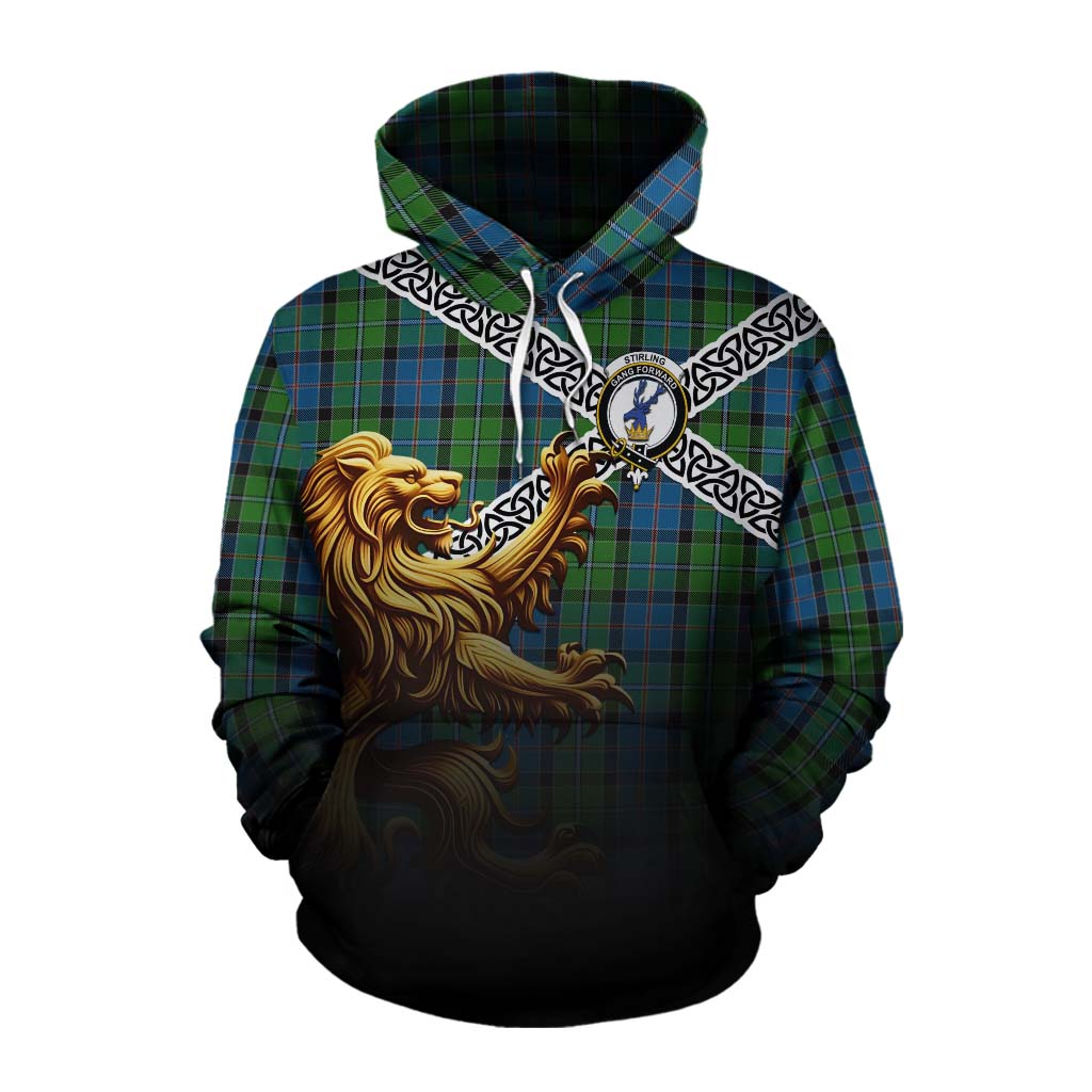 Tartan Vibes Clothing Stirling Crest Tartan Cotton Hoodie with Golden Lion Emblem Celtic Style