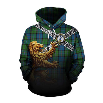 Tartan Vibes Clothing Stirling Crest Tartan Cotton Hoodie with Golden Lion Emblem Celtic Style