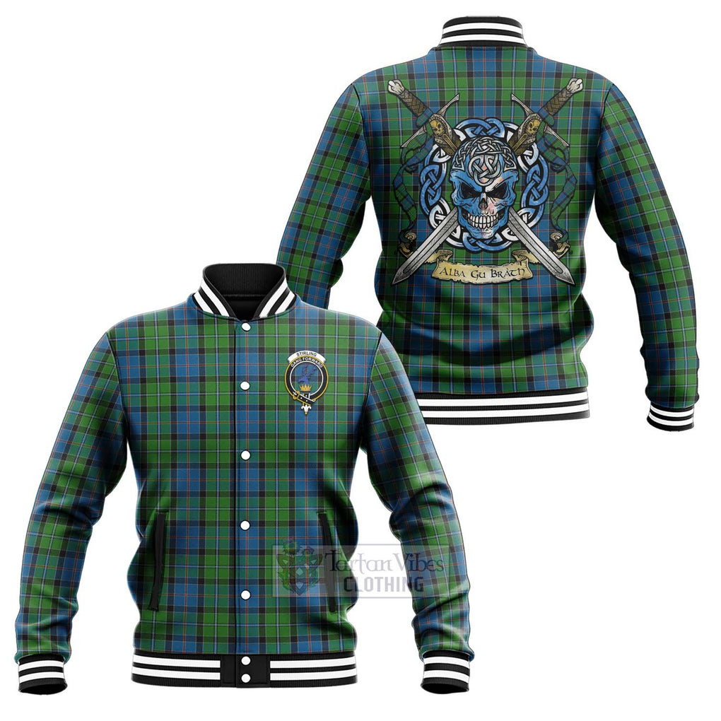 Tartan Vibes Clothing Stirling Tartan Baseball Jacket with Family Crest Celtic Skull Style