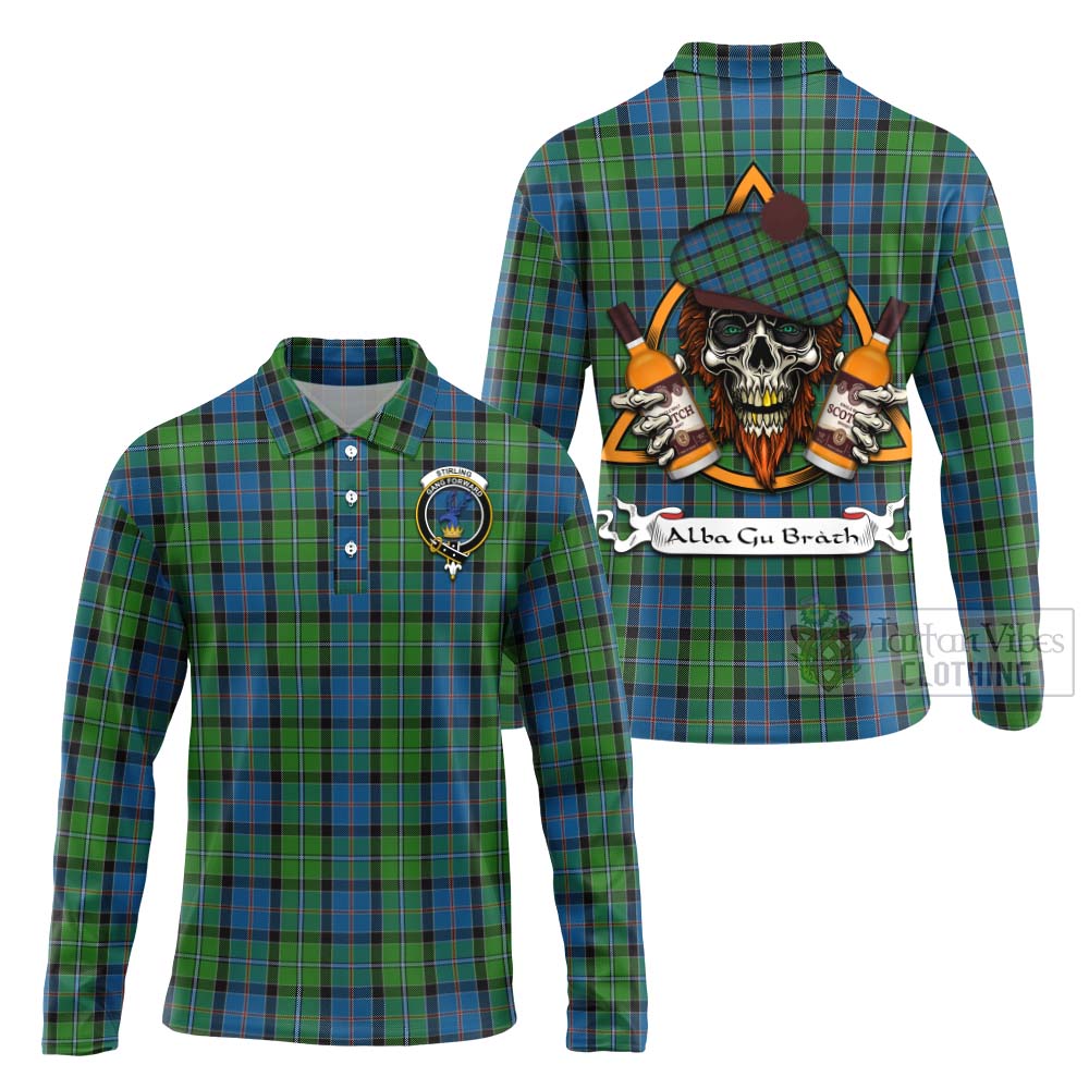 Tartan Vibes Clothing Stirling Tartan Long Sleeve Polo Shirt with Family Crest and Bearded Skull Holding Bottles of Whiskey