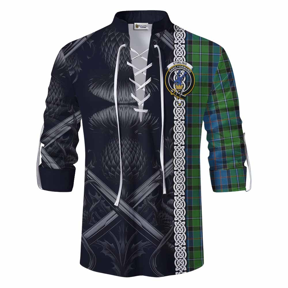 Tartan Vibes Clothing Stirling Tartan Ghillie Kilt Shirt with Family Crest Cross Sword Thistle Celtic Vibes