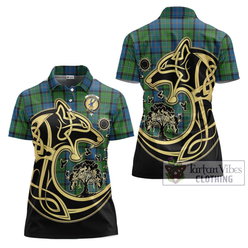 Stirling Tartan Women's Polo Shirt with Family Crest Celtic Wolf Style Women - Tartanvibesclothing Shop