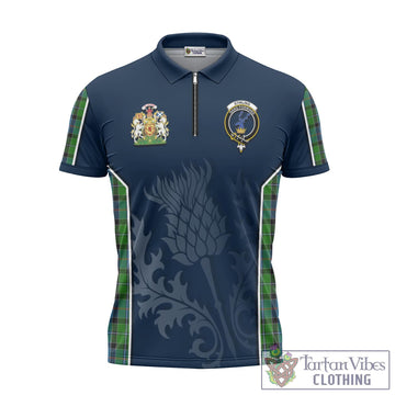 Stirling Tartan Zipper Polo Shirt with Family Crest and Scottish Thistle Vibes Sport Style