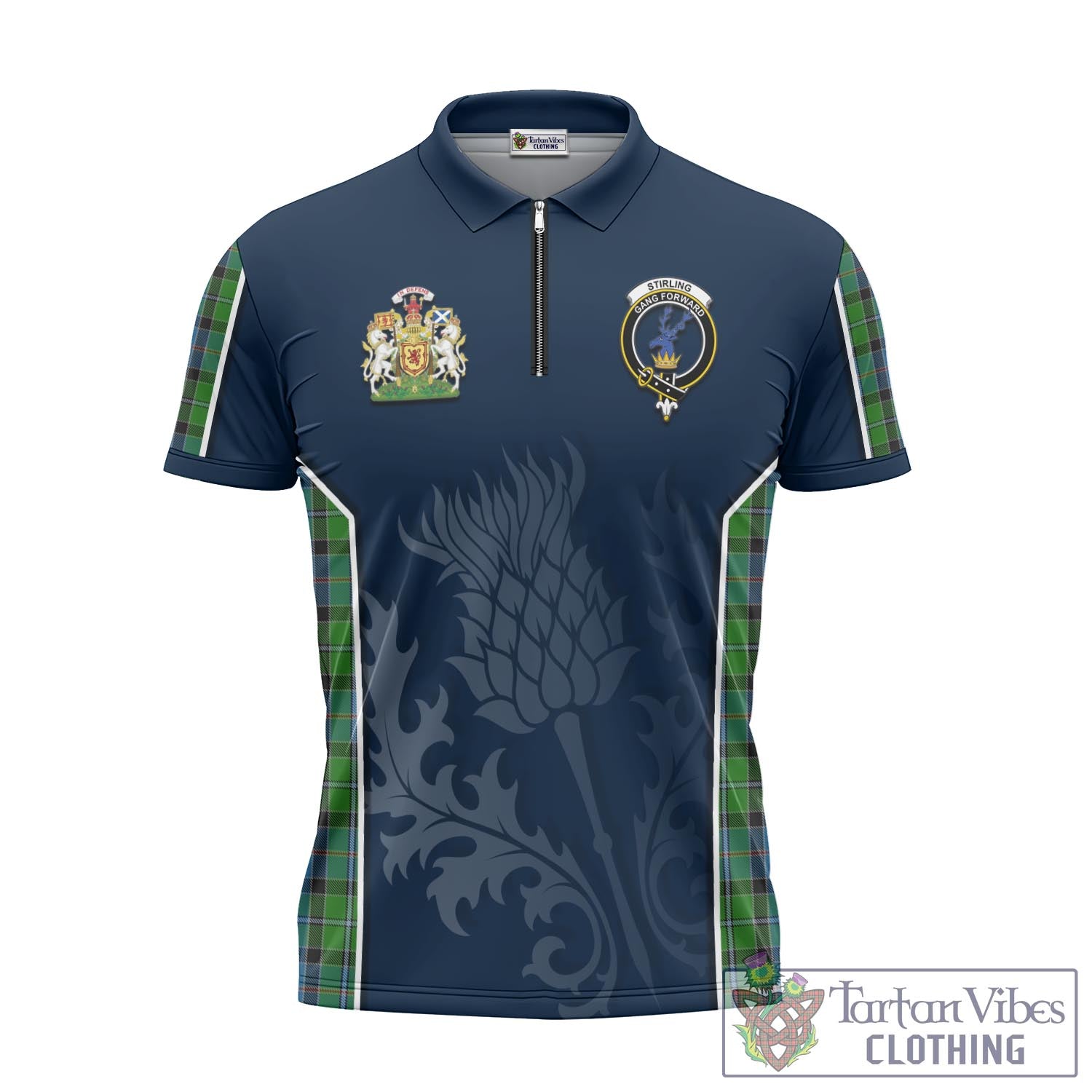 Tartan Vibes Clothing Stirling Tartan Zipper Polo Shirt with Family Crest and Scottish Thistle Vibes Sport Style