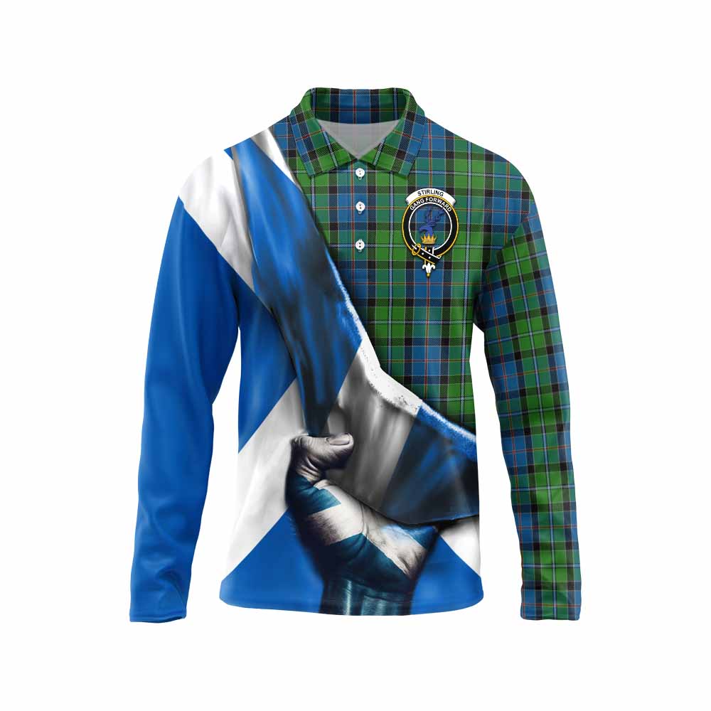 Tartan Vibes Clothing Stirling Tartan Long Sleeve Polo Shirt with Family Crest Scotland Patriotic Style