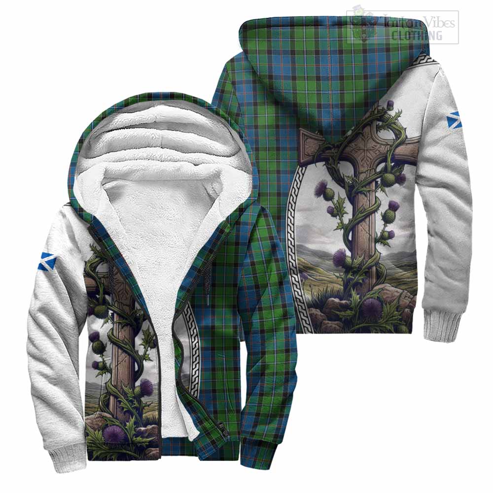 Tartan Vibes Clothing Stirling Tartan Sherpa Hoodie with Family Crest and St. Andrew's Cross Accented by Thistle Vines