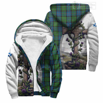 Tartan Vibes Clothing Stirling Tartan Sherpa Hoodie with Family Crest and St. Andrew's Cross Accented by Thistle Vines