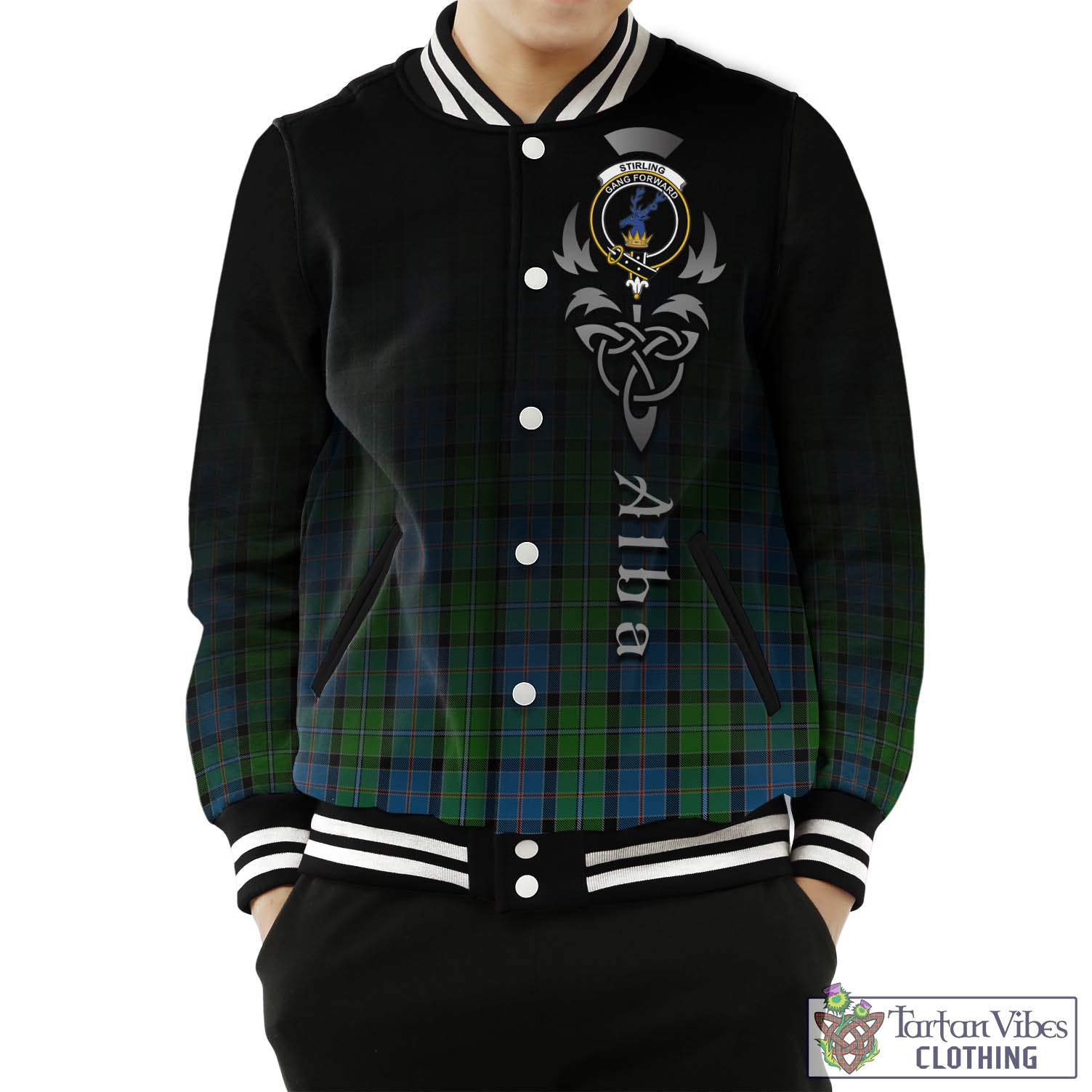 Tartan Vibes Clothing Stirling Tartan Baseball Jacket Featuring Alba Gu Brath Family Crest Celtic Inspired