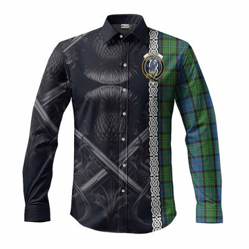 Tartan Vibes Clothing Stirling Tartan Long Sleeve Button Shirt with Family Crest Cross Sword Thistle Celtic Vibes