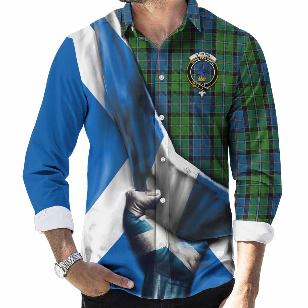 Tartan Vibes Clothing Stirling Tartan Long Sleeve Button Shirt with Family Crest Scotland Patriotic Style