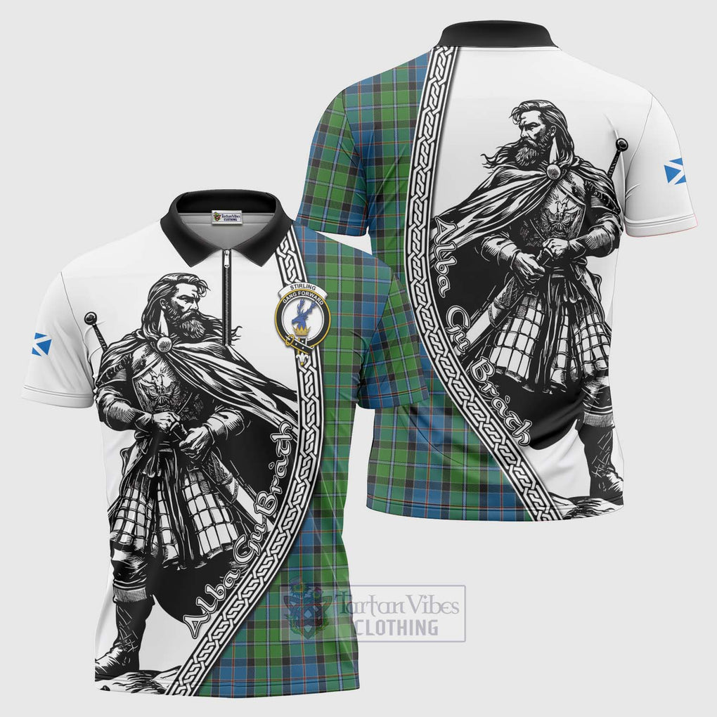 Tartan Vibes Clothing Stirling Tartan Clan Crest Zipper Polo Shirt with Highlander Warrior Celtic Style