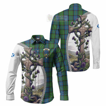 Tartan Vibes Clothing Stirling Tartan Long Sleeve Button Shirt with Family Crest and St. Andrew's Cross Accented by Thistle Vines
