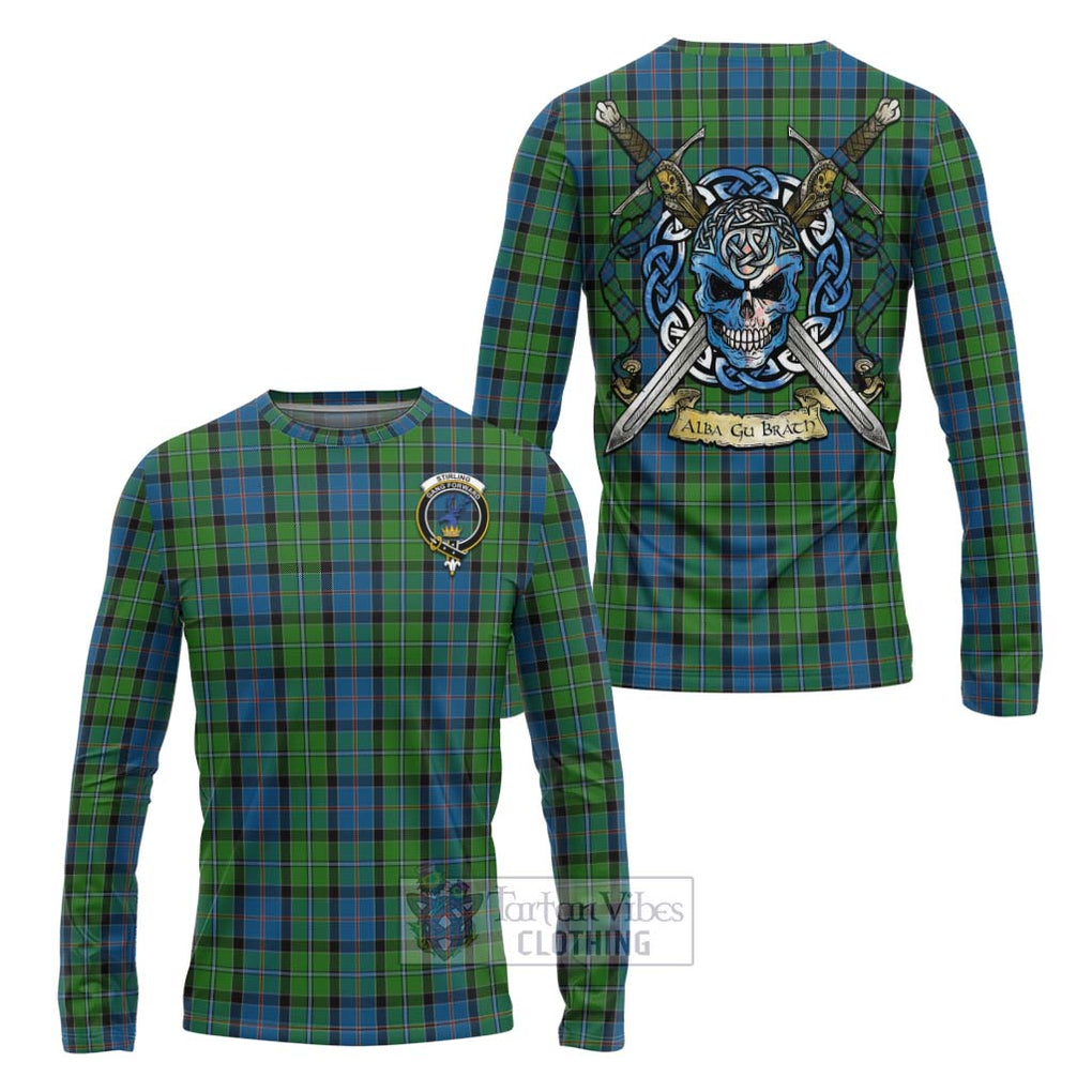 Tartan Vibes Clothing Stirling Tartan Long Sleeve T-Shirt with Family Crest Celtic Skull Style