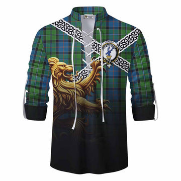 Tartan Vibes Clothing Stirling Crest Tartan Ghillie Kilt Shirt with Golden Lion Emblem Celtic Style