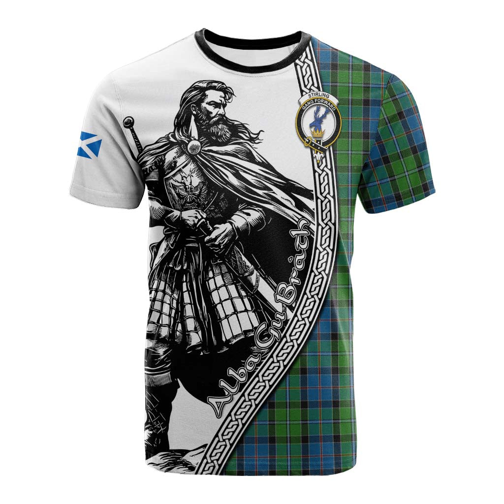 Stirling Tartan Clan Crest Cotton T-shirt with Highlander Warrior Celtic Style