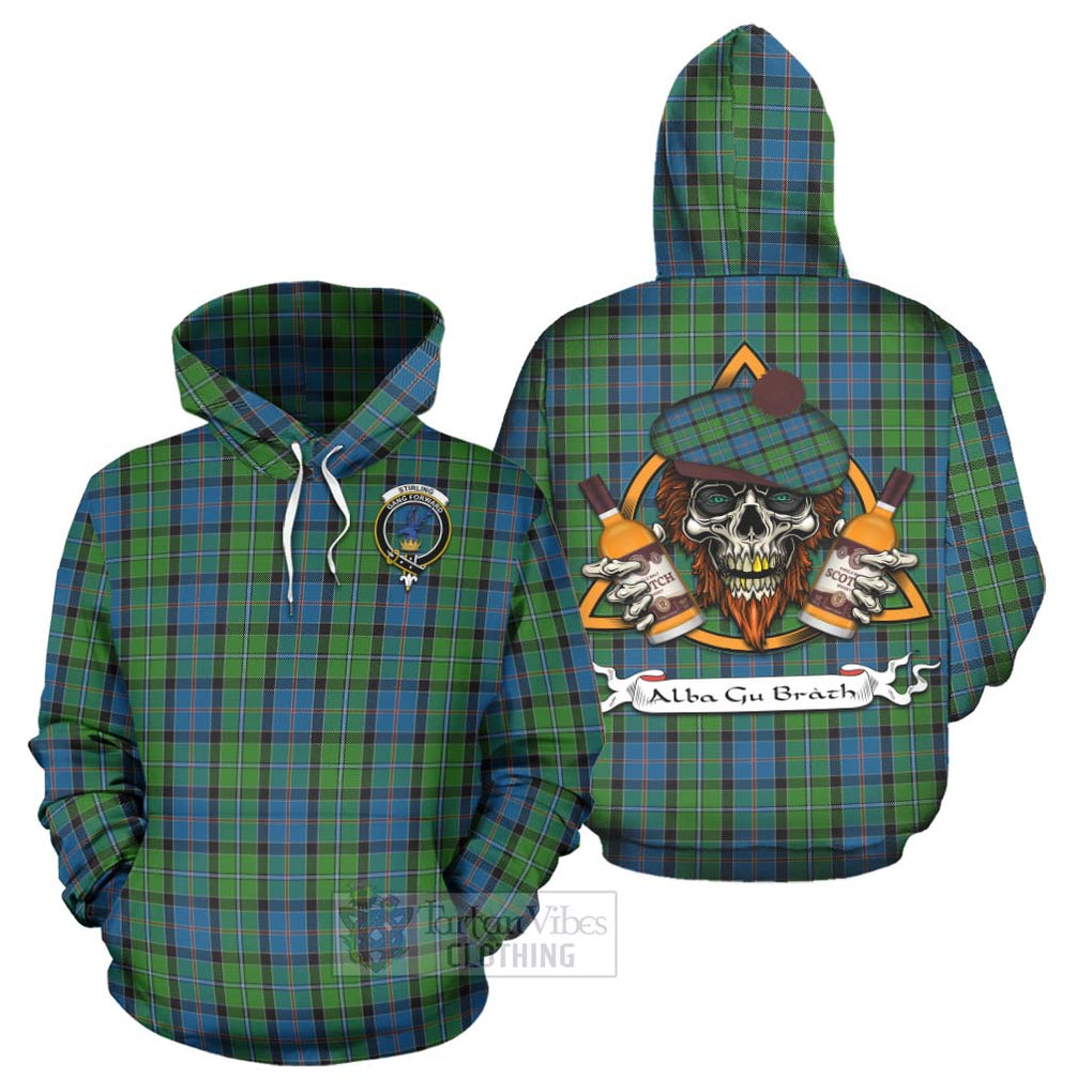 Tartan Vibes Clothing Stirling Tartan Hoodie with Family Crest and Bearded Skull Holding Bottles of Whiskey