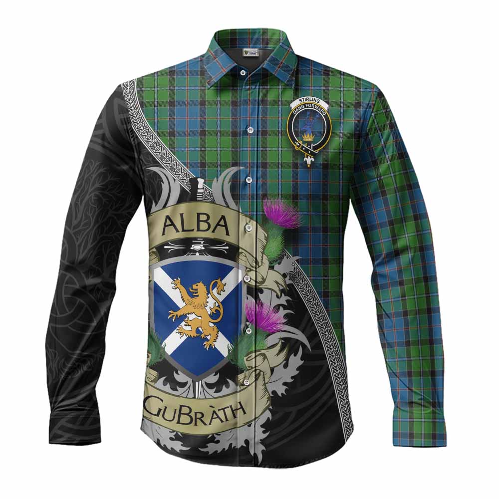Tartan Vibes Clothing Stirling Tartan Family Crest Long Sleeve Button Shirt Lion Rampant Royal Thistle Shield Celtic Inspired