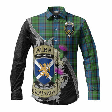 Tartan Vibes Clothing Stirling Tartan Family Crest Long Sleeve Button Shirt Lion Rampant Royal Thistle Shield Celtic Inspired
