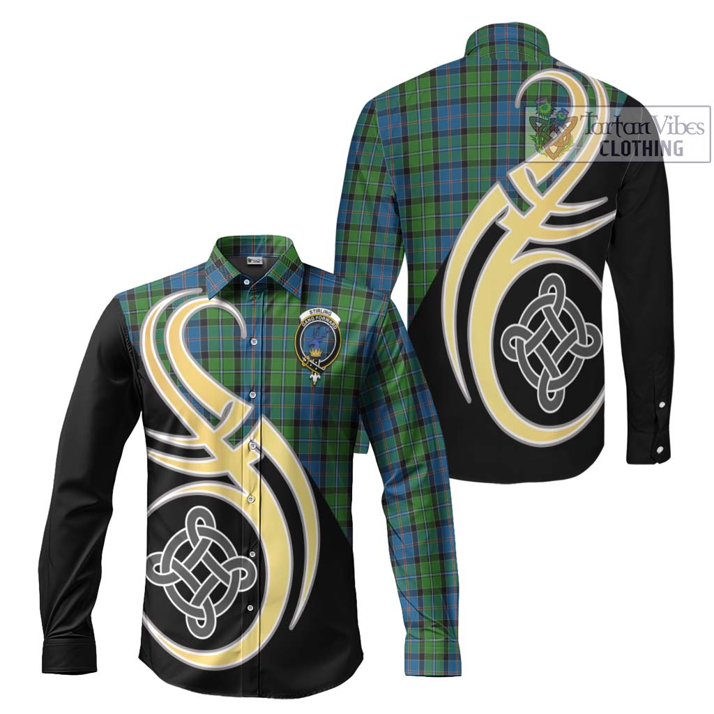 Stirling Tartan Long Sleeve Button Shirt with Family Crest and Celtic Symbol Style Men's Shirt S - Tartan Vibes Clothing