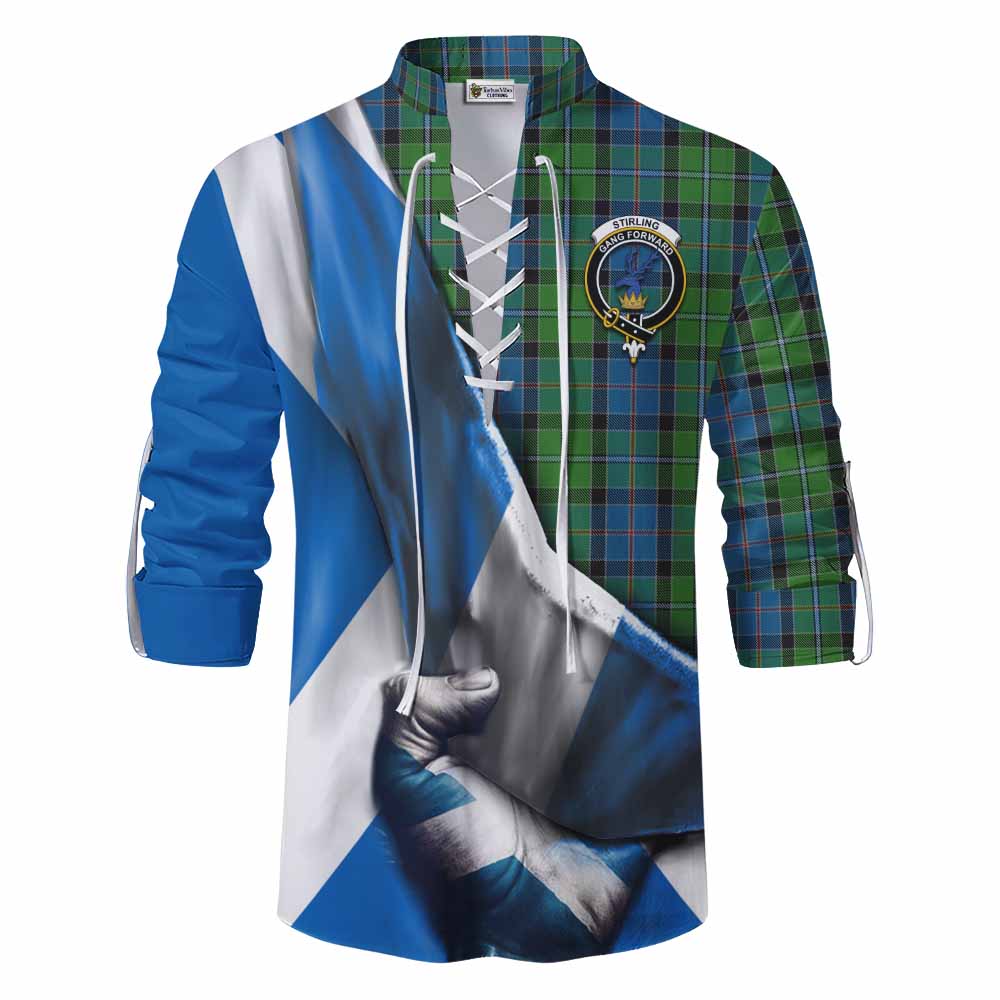Tartan Vibes Clothing Stirling Tartan Ghillie Kilt Shirt with Family Crest Scotland Patriotic Style