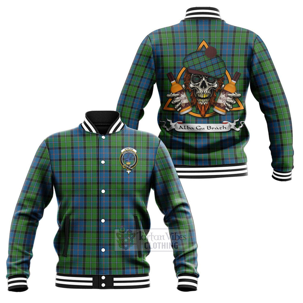 Tartan Vibes Clothing Stirling Tartan Baseball Jacket with Family Crest and Bearded Skull Holding Bottles of Whiskey