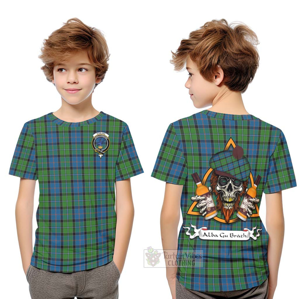 Tartan Vibes Clothing Stirling Tartan Kid T-Shirt with Family Crest and Bearded Skull Holding Bottles of Whiskey