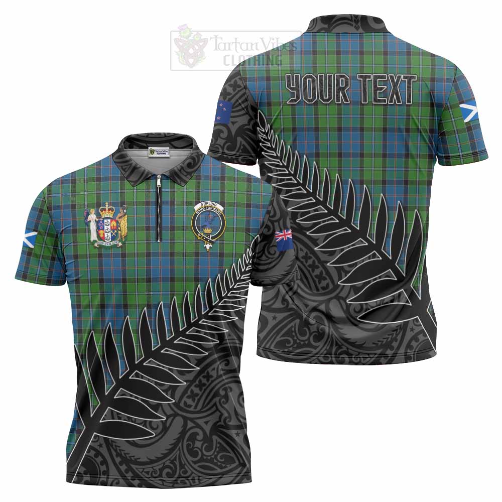 Tartan Vibes Clothing Stirling Crest Tartan Zipper Polo Shirt with New Zealand Silver Fern Half Style