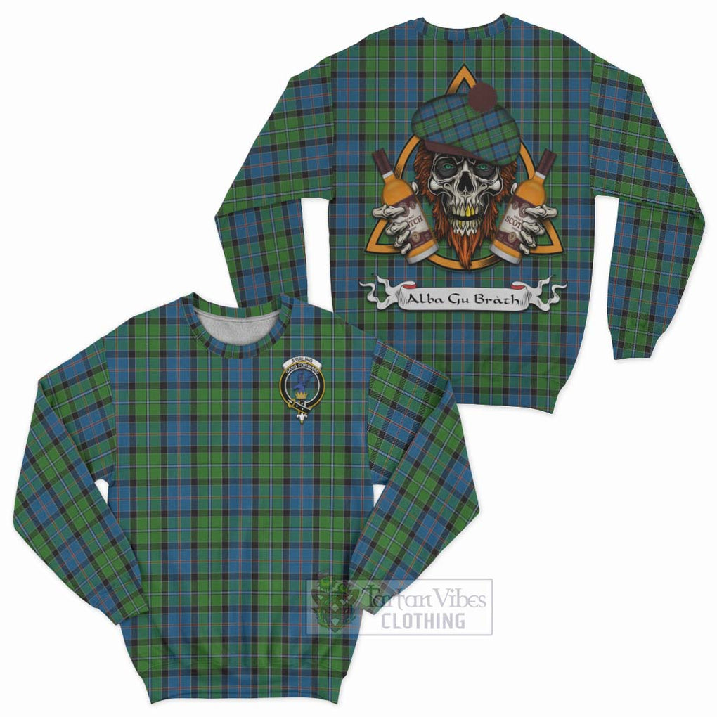 Tartan Vibes Clothing Stirling Tartan Sweatshirt with Family Crest and Bearded Skull Holding Bottles of Whiskey
