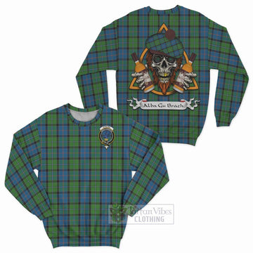 Tartan Vibes Clothing Stirling Tartan Sweatshirt with Family Crest and Bearded Skull Holding Bottles of Whiskey