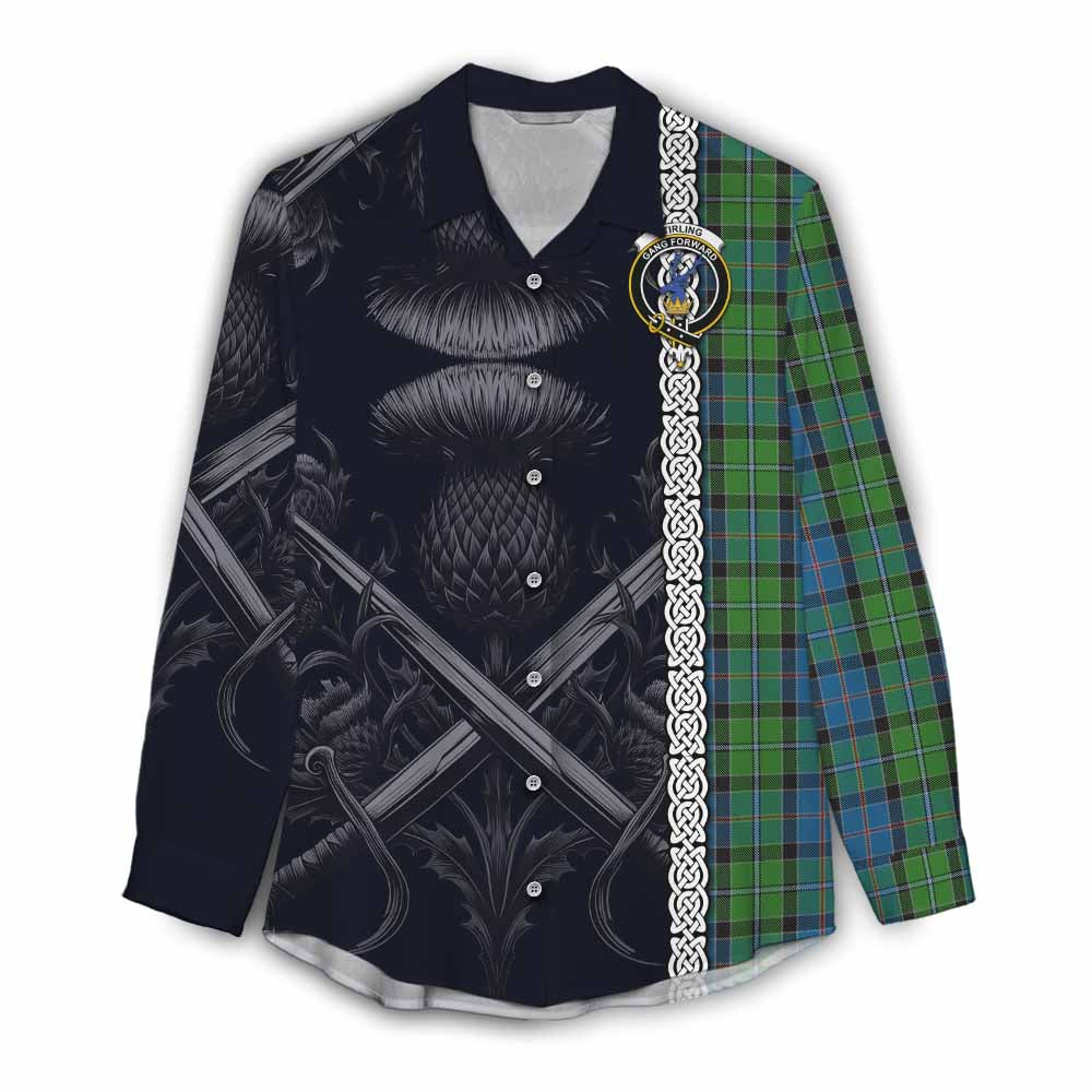 Tartan Vibes Clothing Stirling Tartan Women's Casual Shirt with Family Crest Cross Sword Thistle Celtic Vibes