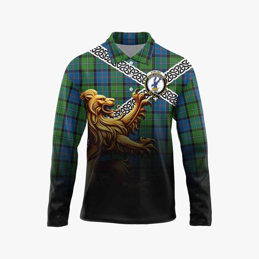 Tartan Vibes Clothing Stirling Crest Tartan Long Sleeve Polo Shirt with Golden Lion Emblem Celtic Style
