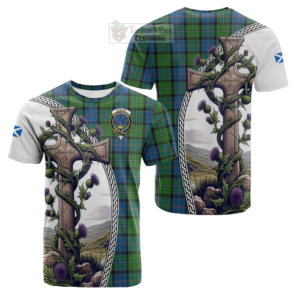 Tartan Vibes Clothing Stirling Tartan Cotton T-shirt with Family Crest and St. Andrew's Cross Accented by Thistle Vines
