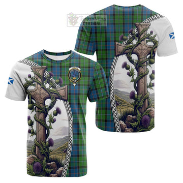 Tartan Vibes Clothing Stirling Tartan Cotton T-shirt with Family Crest and St. Andrew's Cross Accented by Thistle Vines