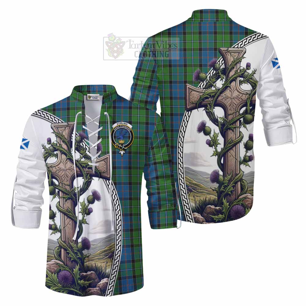 Tartan Vibes Clothing Stirling Tartan Ghillie Kilt Shirt with Family Crest and St. Andrew's Cross Accented by Thistle Vines