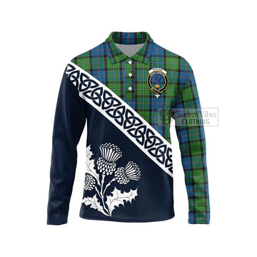 Tartan Vibes Clothing Stirling Tartan Long Sleeve Polo Shirt Featuring Thistle and Scotland Map