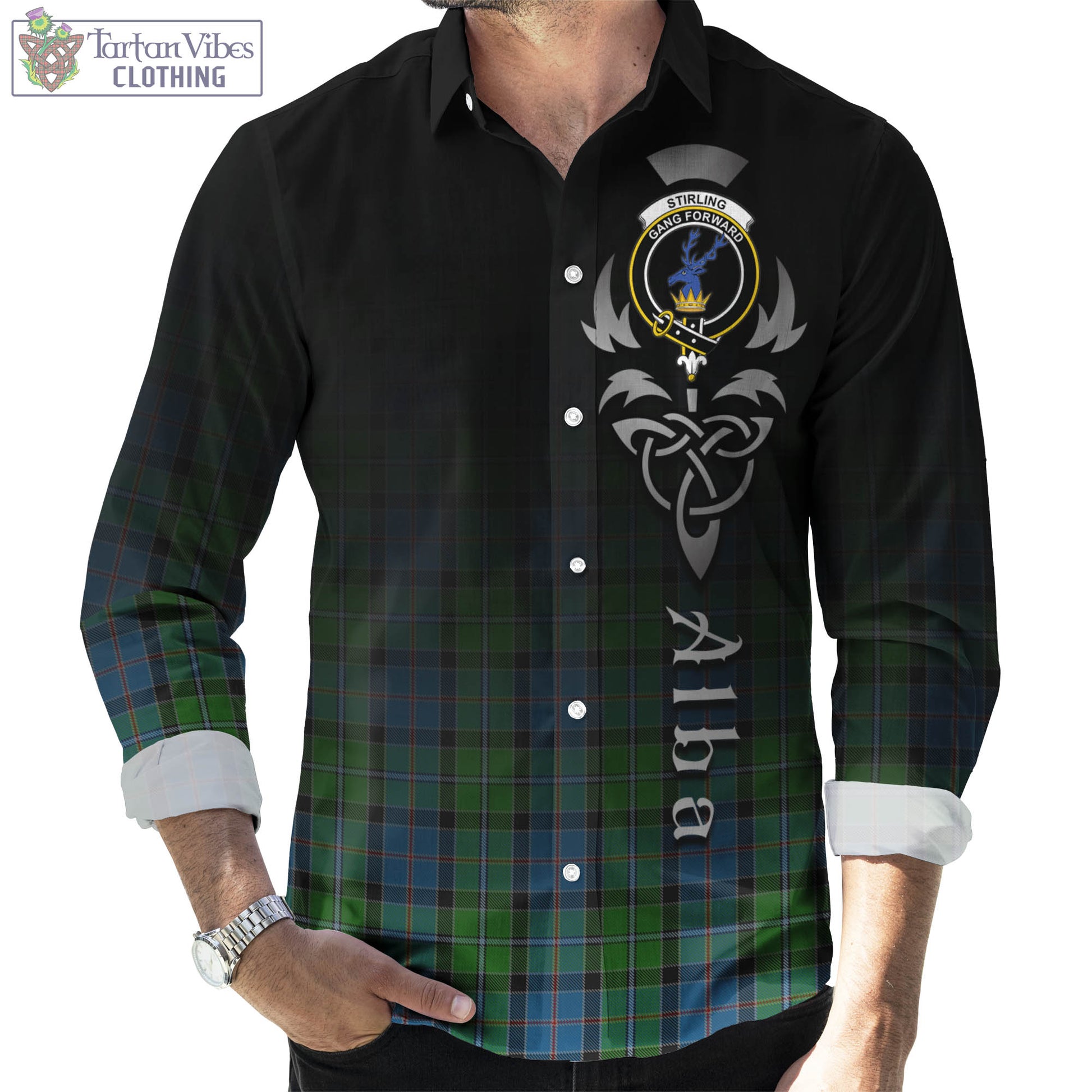 Tartan Vibes Clothing Stirling Tartan Long Sleeve Button Up Featuring Alba Gu Brath Family Crest Celtic Inspired